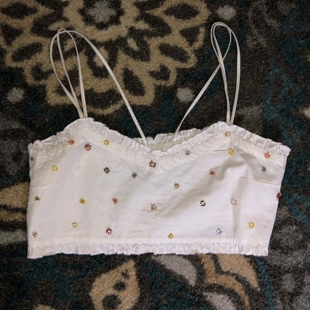 white crop with beaded flowers